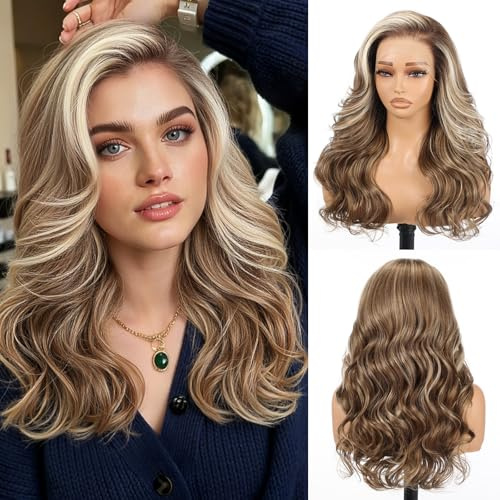Allbell 13x6 Ombre Dunkelbraune Lace Front Perücke für Schwarze Frauen, Kleberlose Synthetik HD Lace Perücken, 22 Zoll Body Wave Haarersatz