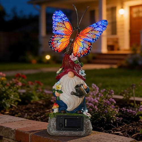 WSgift Garden Gnome Statues Solar-Powered Butterfly Resin Figurine Waterproof Outdoor Decor Mother's Day Orange
