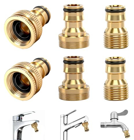 6 Stück Universal-Wasserhahnanschluss 1/2 und 3/4 Wasserhahn Adapter Gartenschlauch Anschluss Messing Schlauchadapter Schlauchkupplung für Garten