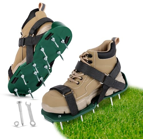 URAQT Lawn Aerator Shoes, 48mm Quick Assembly Spike Shoes with Hook and Loop Straps, One Size, Heavy Duty Spiked Aerating Shoes for Effective Aerating Universal for Yard Terrace Garden (Green)