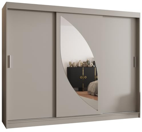 Kryspol - Kleiderschrank mit Spiegel - Schwebetürenschrank - Kleiderschrank 250 cm Breit x 200cm(H) x 62cm(T), 3 Türen, Laminierte Möbelplatte, Schiebetürenschrank Milo 250, Farbe Kaschmir