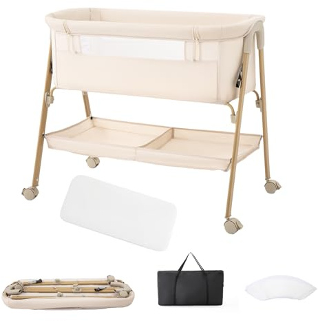 Zkiprm Sidosäng för spädbarn, vikbar och avtagbar babysäng, med 4 låsbara hjul, myggnät, resväska och förvaringskorg | maximal vikt: 9 kg | för 0–6 månader (beige)