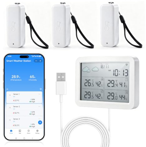 WLAN Wetterstation mit Außensensor, Wetterstation mit 3 Außensensoren, Thermometer innen und außen LCD, Temperatur Luftfeuchtigkeitsmesser, Tuya/Smart Life App, Funk Hygrometer für Gewächshaus Keller