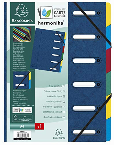 Exacompta 55062E Premium Ordnungsmappe Harmonika. Aus extra starkem Colorspan-Karton DIN A4 6 Fächer und 2 Gummizüge mit Indexfenster und dehnbarem Rücken Register-Mappe blau