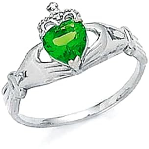 JewelryWeb Ring für Damen, 14 Karat Weißgold, Liebesherz, Grün, irischer Claddagh-Stil, keltischer Dreifaltigkeitsknoten, Größe 7,0