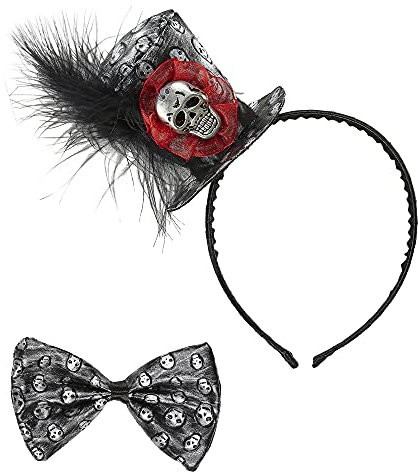 Widmann 04142 - Haarreif mit Mini Hut und Fliege, Federn und Totenkopf, Metallic Look, Hut, Kopfschmuck, Halsschmuck, Vampir, Halloween