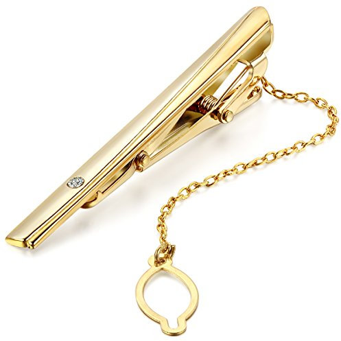JewelryWe Legierung Krawattenklammer Krawattennadel Strass Gold Golden Kette Business Hochzeit Wedding Einzigartig Polished Herren