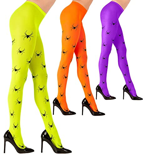 Widmann - Strumpfhose mit Spinnen, 70 DEN, 3 Neon-Farben sortiert, Karneval, Mottoparty