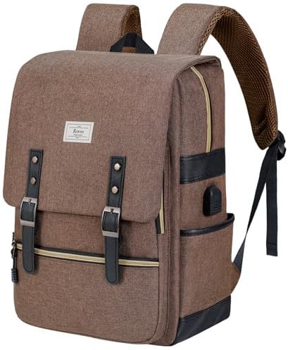 Ronyes Vintage Laptop Backpack for Women Men,15.6 inch Bookbag Casual Daypack with USB Charging Port for College Work, Brown Backpacks