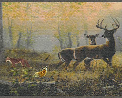 Dundee Deco DDAZBD9025 Tapetenbordüre zum Abziehen und Aufkleben, 4,57 m x 17,78 cm, Naturgrau, Rot, Gelb Hirsch, Fuchs im Wald, Wandbordüre, Retro-Design, selbstklebend, 4,57 m x 17,78 cm
