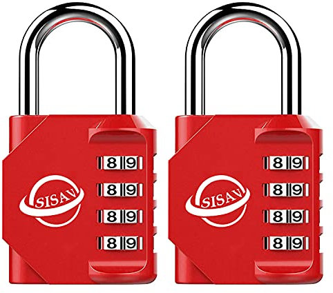 SISAV Cadenas à Combinaison 4 Chiffres Pour Usage Extérieur,Pour Casier de Gymnase Scolaire,Casier de Sport,Portail de Clôture,Portail,Loquets et Boîte à Outils,Rouge (2 Pièces)