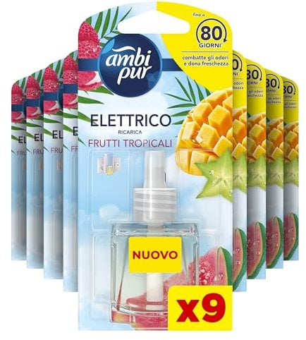 Ambi Pur Raumduft, 9 Nachfüllpackungen, tropische Früchte, beseitigt Gerüche, sicher in jedem Raum zu verwenden.