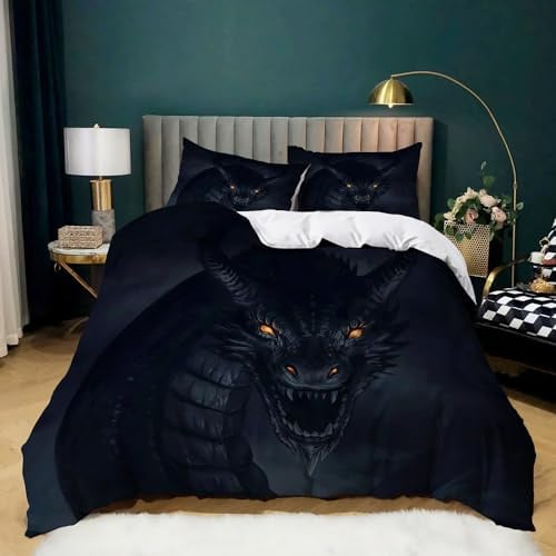 WHUOEUCO Bettbezug Set Schwarzer Drache Bettwäsche Set mit Reißverschluss 1 Mikrofaser Bettbezug und 2 Kopfkissenbezüge, 100% Weiche Angenehme 200 x 200 cm