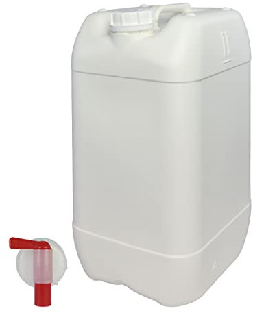 Garrafa con Grifo 25 litros Blanca. Apta para uso alimentario. Boca ancha. Idónea como depósito de agua potable. Resistente a químicos. (1 Unidad).