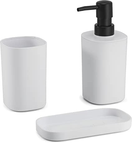 MSV Bad Accessoires 3-teilig - Seifenspender, Seifenschale, Zahnputzbecher Lona Weiß matt
