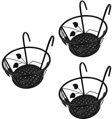 ZONADAH Pack of 3 Leaf Small Flower Pot Holders Round Hanging Railing Planters Iron Garden Fence Balcony Porch Plant Baskets Support Rack Shelf Containers Gardening Indoor or Outdoor Black