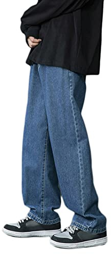 ORANDESIGNE Jeanshosen Herren Hose mit Weitem Bein Jeans Casual Relaxed Fit Jeanshose Denim Hosen Baggy Jeans Hip Hop Jeans Vintage Y2K Straight Leg Streetwear G Dunkelblau M