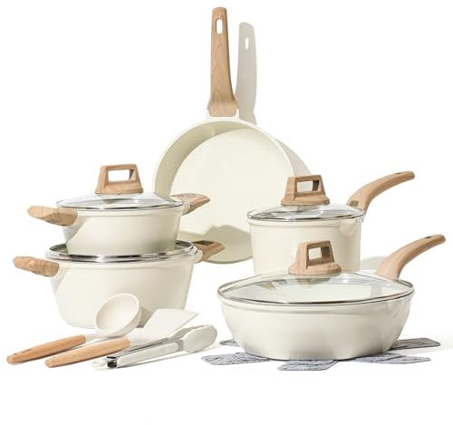 CAROTE Juego de Sartenes Antiadherentes, 14 Piezas, Sartenes Induccion 24cm, Ollas Cocina 1,7/2,3/4L, Wok 28 cm, Menaje de Cocina con Tapas, Espátula, Cuchara,Pinzas, Protector de Sartenes
