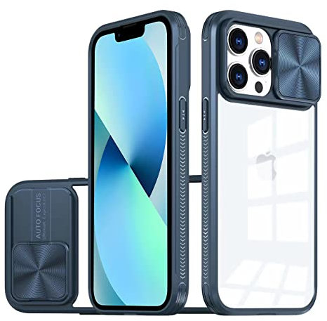 LIUKM Coque Compatible avec iPhone 13, Cache Camera Protection, Étui avec Cache Caméra Coulissante, composé d'un Dos en PC et d'un Cadre en TPU - Bleu