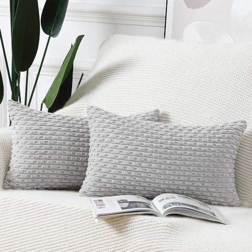 Madizz 2er Set Boho Gestreifte Kissenbezüge Weicher Kord Dekorativer Kissenbezug für Schlafzimmer Sofa Kissenhülle Hellgrau 40 x 60 cm
