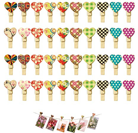 40pcs Pinces en Bois colorées, Mini Pinces en Bois en Forme de cœur, Pinces Photo en Bois, Pinces Photo, Peuvent être utilisées comme décoration pour Les Photos Lors de fêtes, Mariages