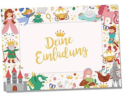 Partycards 12 Karten Geburtstagseinladungen Jungen Mädchen, Einhorn Prinzessin Schloß Ritter, Einladungskarten Kindergeburtstag Junge Mädchen, Format A6, Einfach Zu Beschriften