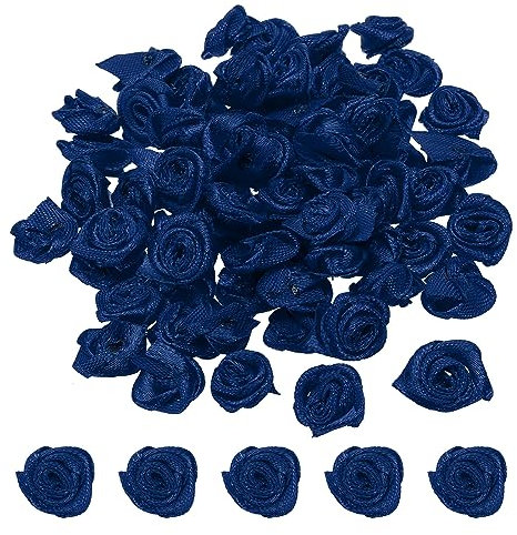 PATIKIL 0.6 Mini Satin Ribbon Roses, 50 Pcs Tiny Fabric Flowers Embellishments Rosettes Applique for DIY Crafts and Wedding, Navy Blue