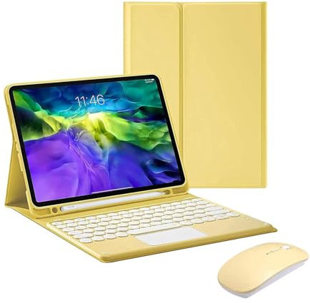 Funda con Teclado para iPad Air 11 Pulgadas M2 2024 con Touchpad, QWERTY Español Ñ Teclado Trackpad Bluetooth Desmontable con Soporte de Lápiz y Ratón Inalámbrico Recargable, Amarillo con Touchpad
