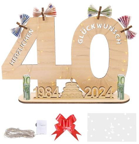 40 Geburtstag Frauen Männer Geschenk mit Geschenktasche& Schleife&Led Lichterkette,Geldgeschenke Geburtstag 40,Geschenke zum 40 Geburtstag Frau Mann Deko 1984-2024 Holzschild Gästebuch 40. Geburtstag