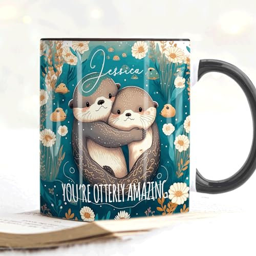 Personalised Cute Otters Mug. I Love You Mug Gift. Mug & Coaster Set.