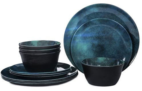 Yummost Melamine Dinnerware Sets for 4, 12pcs Plates and Bowls Sets for Daily Use, Dishwasher Safe, BPA-free, Teal Green