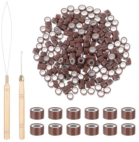 200Pcs Hair Extentions Beads 4mm Silicone Lined Micro Beads with Pulling Hook Needle, Bead Device Tool Kits for Hair Extensions(Dark Brown)