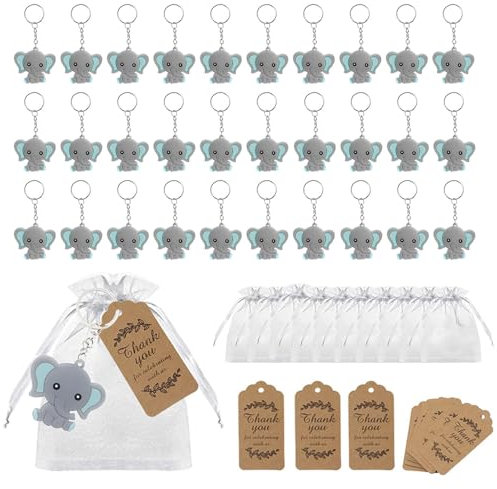 RHQFDM 30 Stücke Gastgeschenke Taufe Elefanten Schlüsselanhänger PVC Elefanten Anhänger Set Blauer Elefant Kinder Schlüsselanhänger mit Organza Beutel und Dankesanhänger aus Kraftpapier