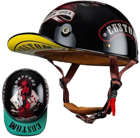 Moto Casquette De Baseball Demi-Casques De Moto Scooter Cyclomoteur Casques À Face Ouverte Hommes Et Femmes Casque Mobylette Moto Bols ECE Homologué Vintage Casque Jet(1,M(57~58CM))
