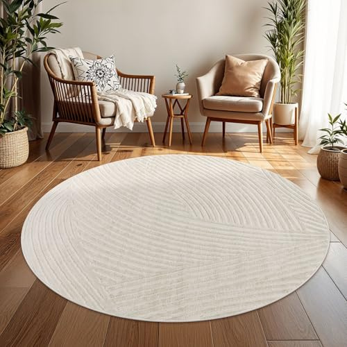 TT Home Outdoor Teppich Rund 200 cm Creme, Wetterfest & Robust modernes Boho Skandi Design mit 3D-Optik, für Terrasse & Wohnzimmer