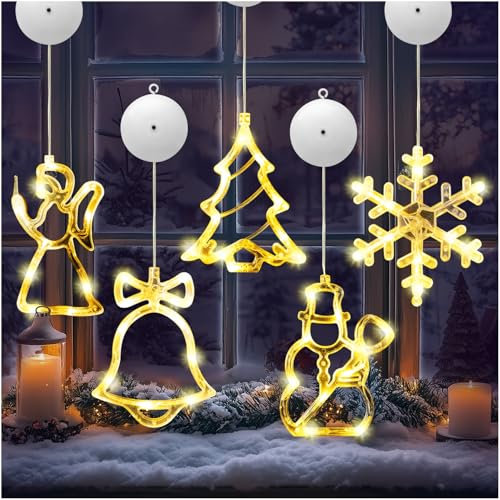 Festicy 5er Set LED Weihnachtsdeko Fenster 2025 I Fensterdeko Weihnachten Weihnachtsbaum, Schneemann, Engel, Schneeflocke, Glocke I Fensterbeleuchtung Weihnachten I Weihnachtsdeko Innen Fenster