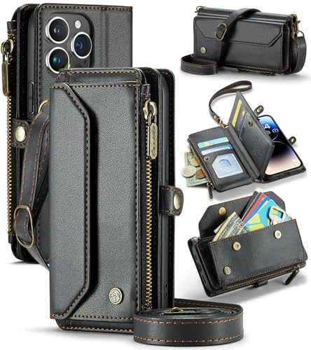 UFinetech Crossbody Wallet Case Hülle für iPhone 14 Pro - RFID-Blockierung, Kabelloses Laden, Stoßschutz, Verstellbarer Gurt, Kartenfächer, PU-Leder, Integrierter Ständer, Schwarz