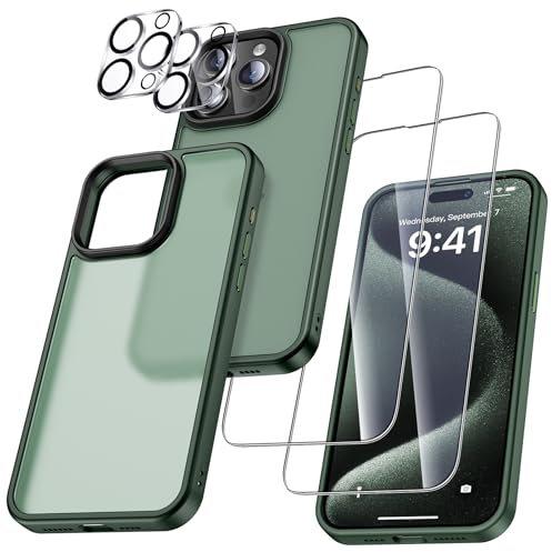 UniqueMe für iPhone 15 Pro Hülle, 5-in-1-Set Handyhülle für iPhone 15 Pro Case Rundumschutz Schutzhülle Cover,1 Handyhülle & 2 Schutzfolie & 2 Kameraschutz - Matt Grün
