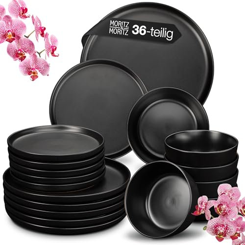 Moritz & Moritz NORDIC Geschirrset 12 Personen 36-teilig Schwarz - Elegantes Teller Set aus hochwertigem Steinzeug - Geschirr Set aus 12x Dinnerteller, 12x Dessertteller, 12x Suppenteller