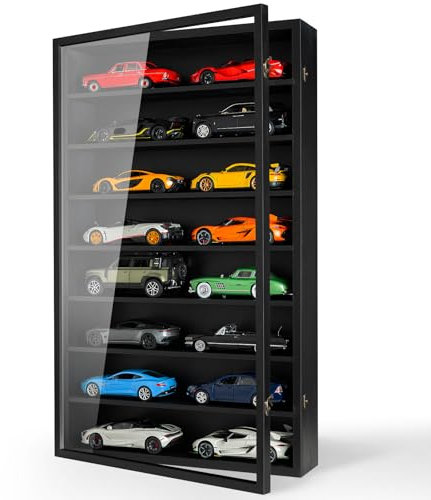 Druckguss-Vitrine im Maßstab 1:24, Wandhalterung, transparent, Modellautovitrine, Modellautos, Aufbewahrungsschrank mit Acryltür, für 16 Autos