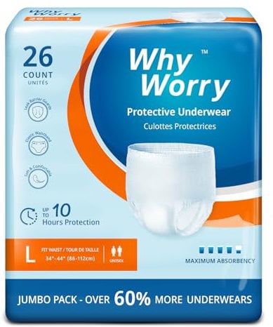 WhyWorry Inkontinenz Pants für Männer und Frauen, Inkontinenz Slip Damen und Herren, Windelhosen Erwachsene Einweg, Auslaufschutz über Nacht, Geruchsschutz, Unisex, Größe L, 26 Stück