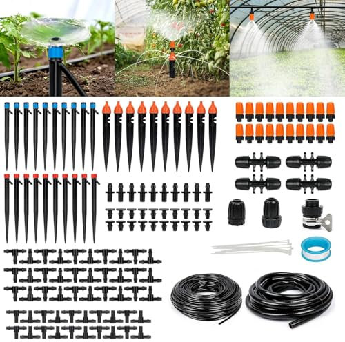 OAHAO 240FT Drip Irrigation System Kit, Automatic Garden Watering Misting System with 1/2 inch Hose 1/4 inch Distribution Tubing Drip Emitters Drip Spray 2 in 1 Nozzle for Greenhouse, Yard, Lawn