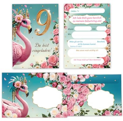 JuNa-Experten 12 Einladungskarten incl. 12 Umschläge zum 9. Kindergeburtstag Mädchen Flamingo coole bunte Einladungen neunte Geburtstag Mädchengeburtstag