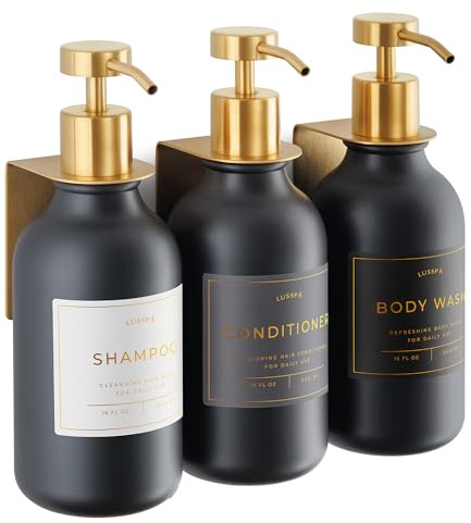 Shampoo & Conditioner Dispenser - Shower Soap Dispenser Wall Mounted - Set of 3 500 ml Plastic Bottles with Pump & Holder - Shampoo Dispenser - Shower Dispenser Chamber No Drill (3 X Black/Gold)