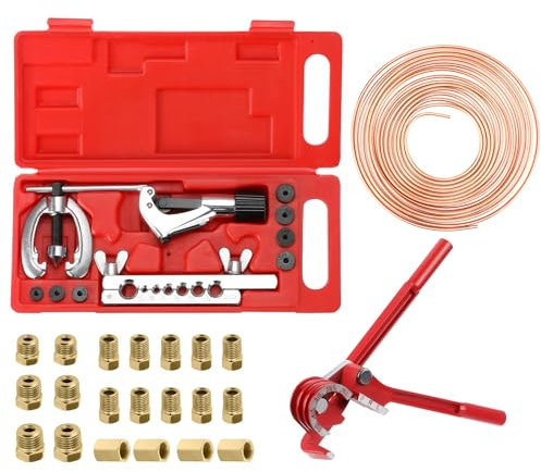 GEARMONSTER Bremsleitung Bördelgerät, 7,62m Ø 4,75mm Bremsleitung mit 16 Verschraubungen+ 4 Verbinder, Doppelt und Einfach Bördelgerät für Bremsleitung, inkl. Biegezange