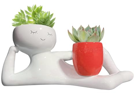 Blumentopf aus Kunstharz, Motiv: faule kleine Figur, entspannende Person, mit Ablaufloch, verworrenes Pflanzgefäß, Ornament, Blumentopf für drinnen und draußen, Garten, Balkon (rot)