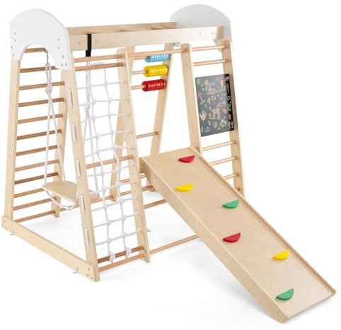 COSTWAY Klettergerüst Indoor, 8 in 1 Kletterdreieck & Kletternetz & Leiter & Rutsche & Schaukel & Kletterfelsen & Abakus & Tafel, Kinder Spielplatz aus Holz, für Kinder ab 3 Jahre (Natur)