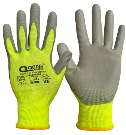 QEARSAFETY 12 Pairs Hi Visibility Yellow Thin PU Palm Coated Work Safety Gloves, Multi-Function, Light-Weight, Sensibility, Breathable, Grip, General Purpose Job Handling (9/L,Yellow)