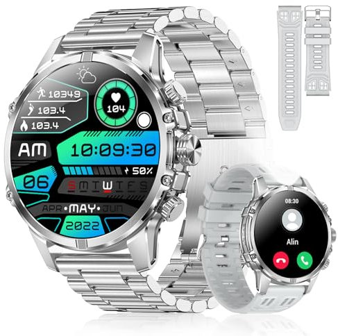 Rogbid Smartwatch Herren mit Telefonfunktion Metallband Stahl Gear Uhr 1,85 AMOLED IP67 Wasserdicht Militär Smart Watch Uhren Herzfrequenz Schlafüberwachung 120+ Sportmodi Fitnessuhr (Silber)