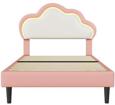 KSFASHZ Bett für Mädchen, 90 x 200 cm mit LED, Einzelbettgestell 90 x 200 cm mit verstellbarem Kopfteil und Lattenrost, gepolstert, Rosa, PU, für Kinder, Jugendliche, Prinzessin